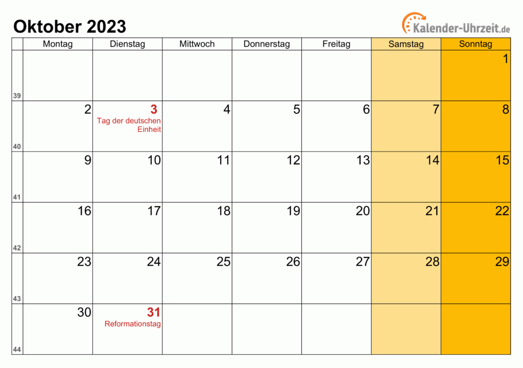 Oktober 2023 Kalender Mit Feiertagen