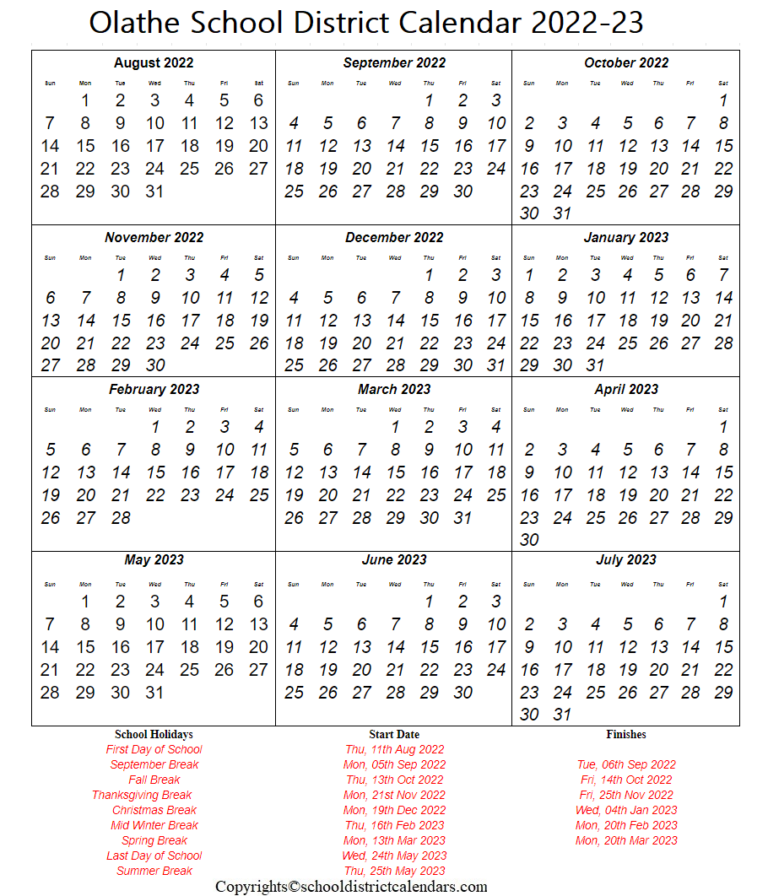 Olathe District School Calendar 2022 2023 With Holidays