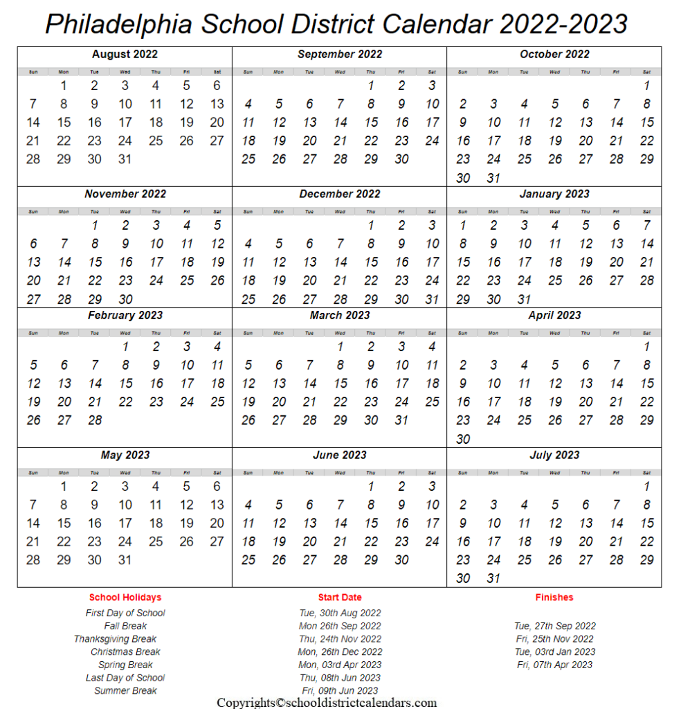 Philadelphia School District Calendar 2022 2023 With Holidays In PDF