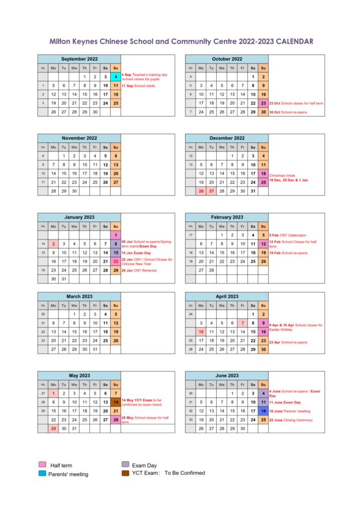 School Calendar 2022 2023 Milton Keynese Chinese School And Community 