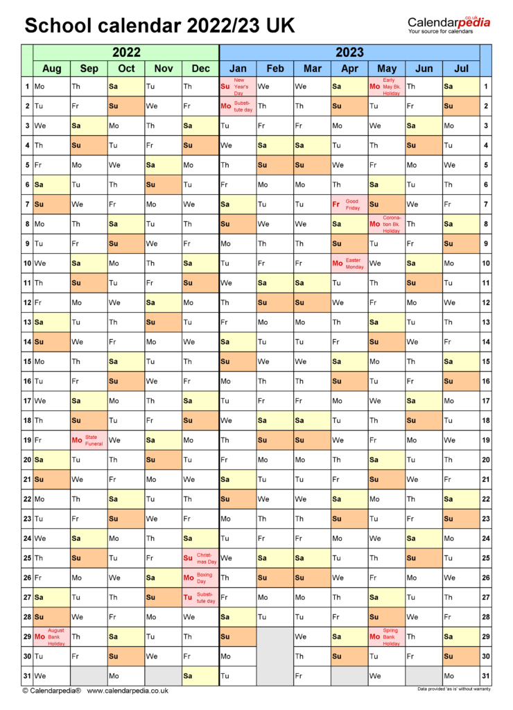 School Calendars 2022 23 UK Free Printable Word Templates