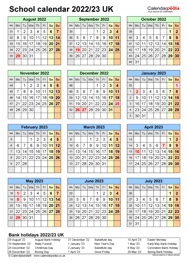 School Calendars 2022 23 UK Free Printable Word Templates