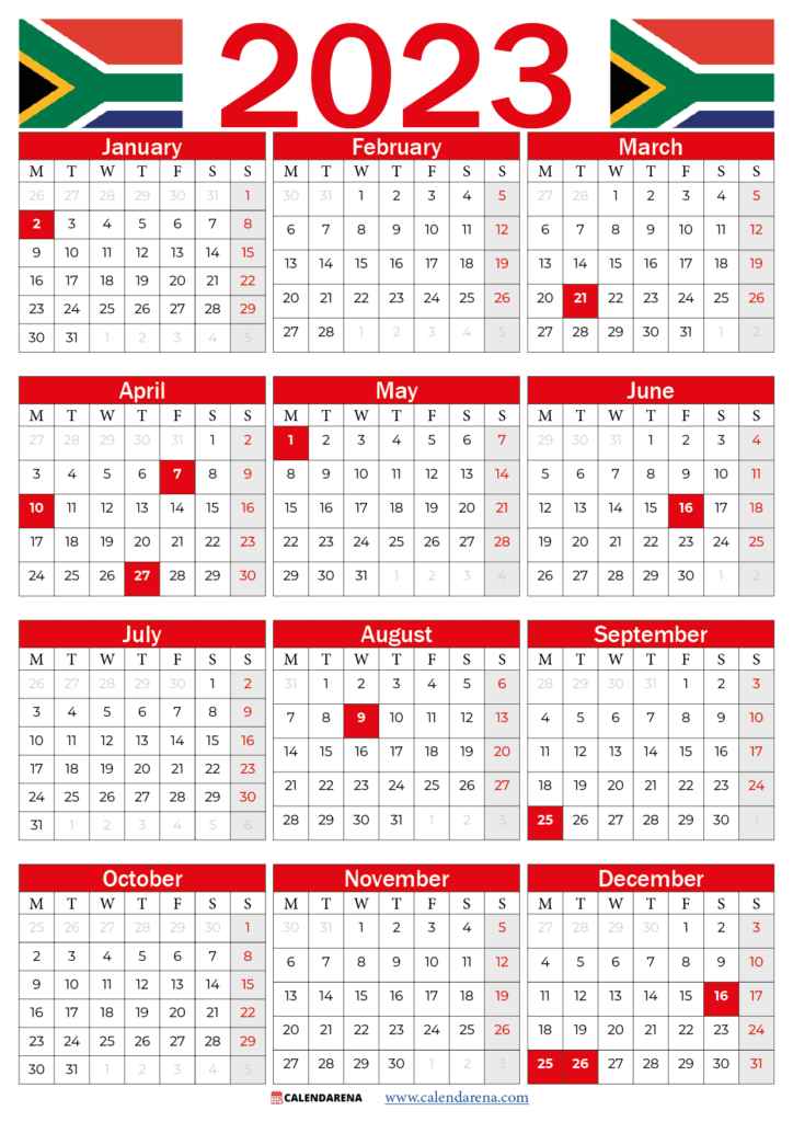 South Africa 2023 Calendar With Holidays Printable