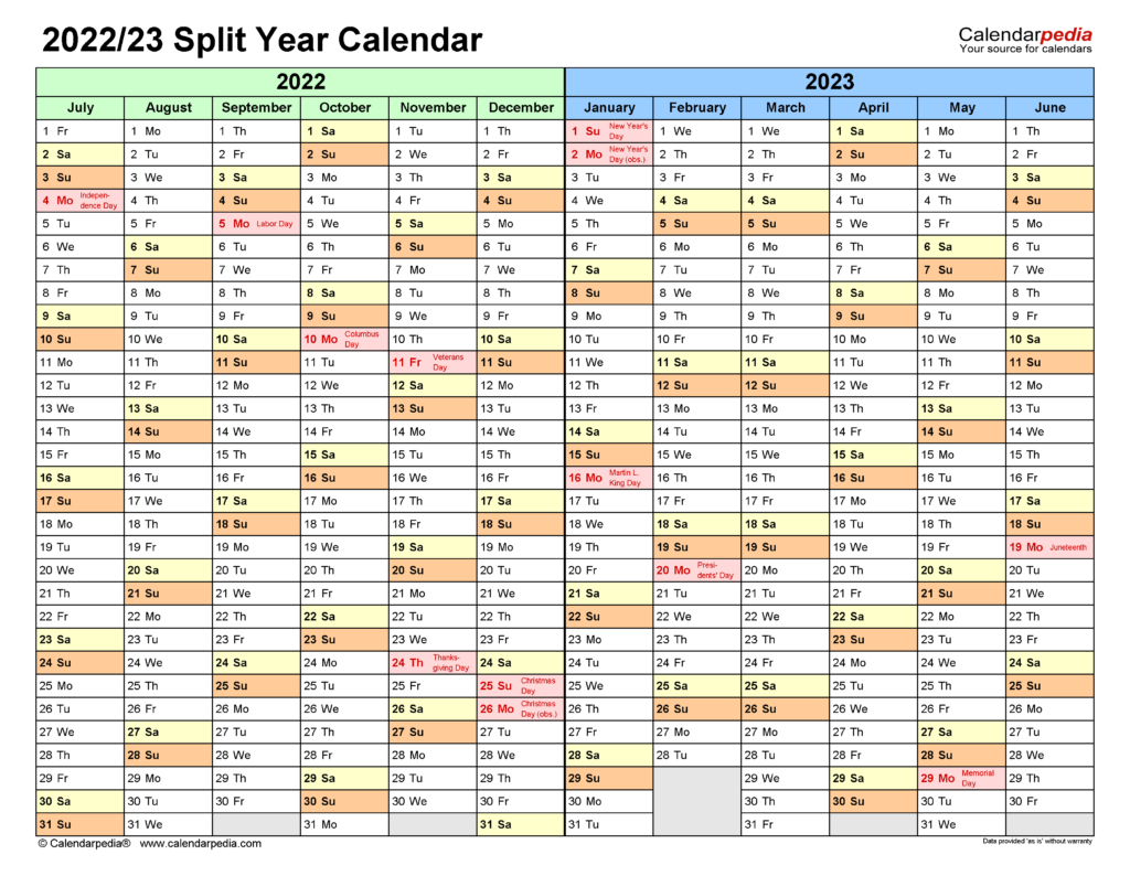 Split Year Calendars 20222023 July To June Excel Templates All In One 